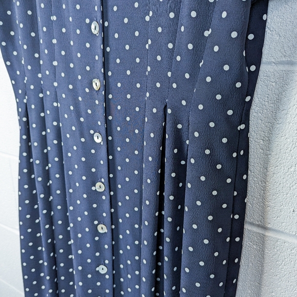 M/L Vintage Traditions Polka Dot Maxi Dress Navy White Button Up Tie Pleated - Picture 6 of 11
